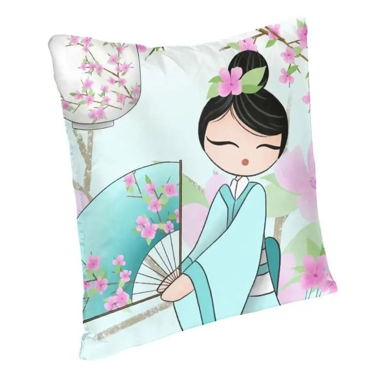 Custom Japanese Girl Sakura Kokeshi Doll Cushion Cover Two Side 3D Print Floor Pillow Case for Sofa Pillowcase Home Decoration
