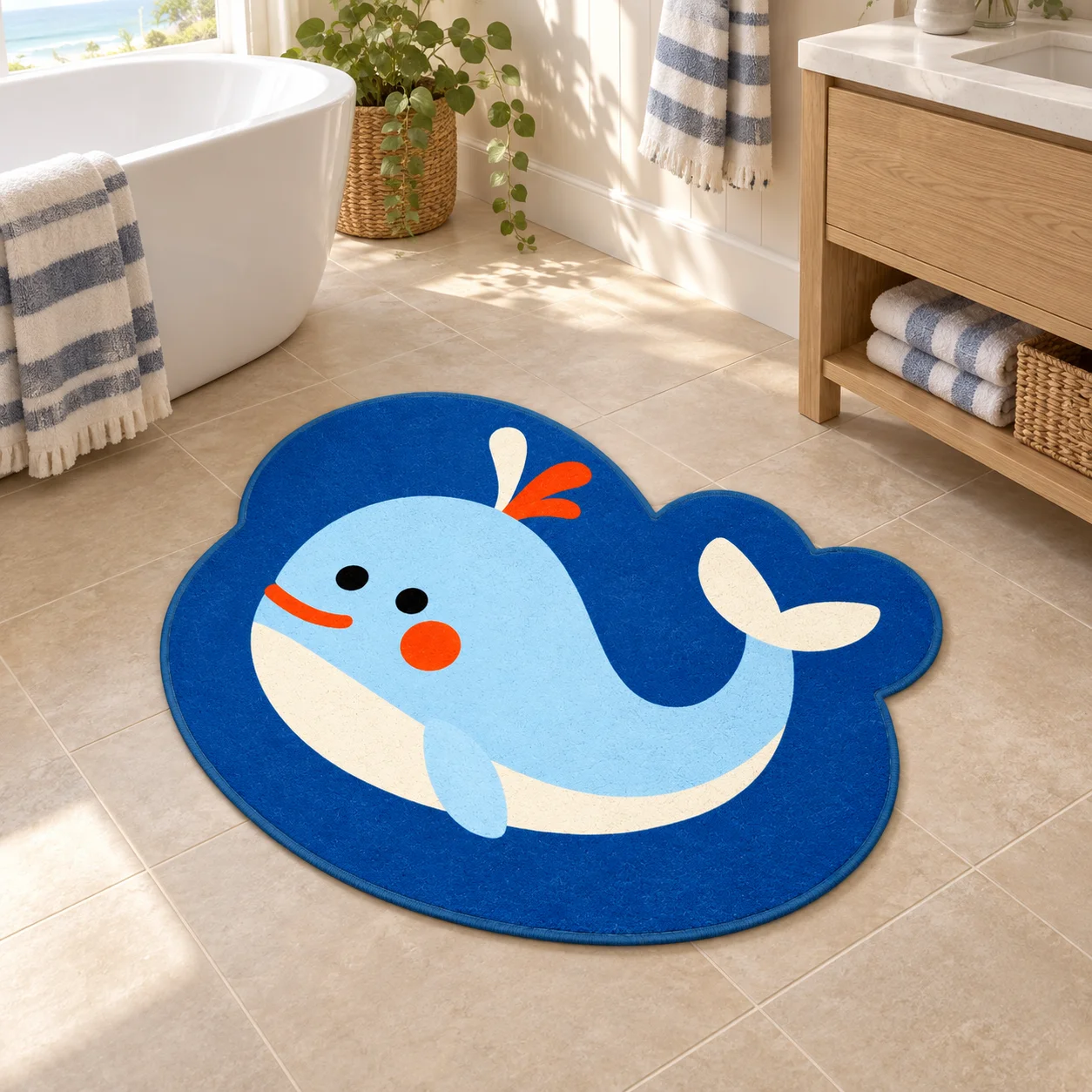 Blue Whale Shaped Flannel Floor Mat Ocean Animal Novelty Area Rug For Bedroom Living Room Bathroom Entryway Apartment Decor