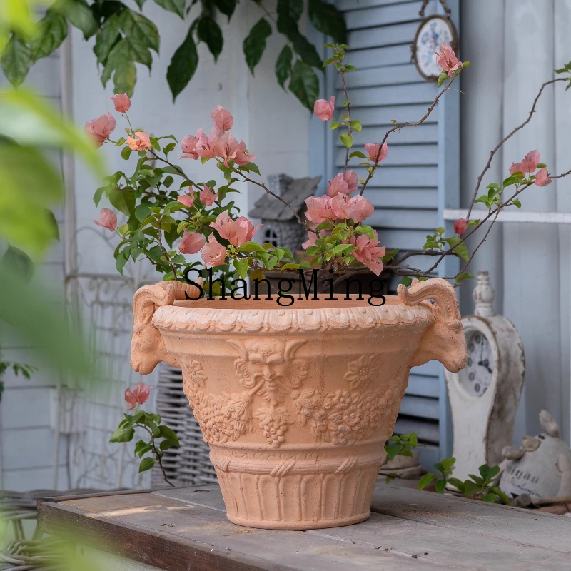 

SM new handmade coarse clay flower pot retro high-end large-diameter green plant flower pot