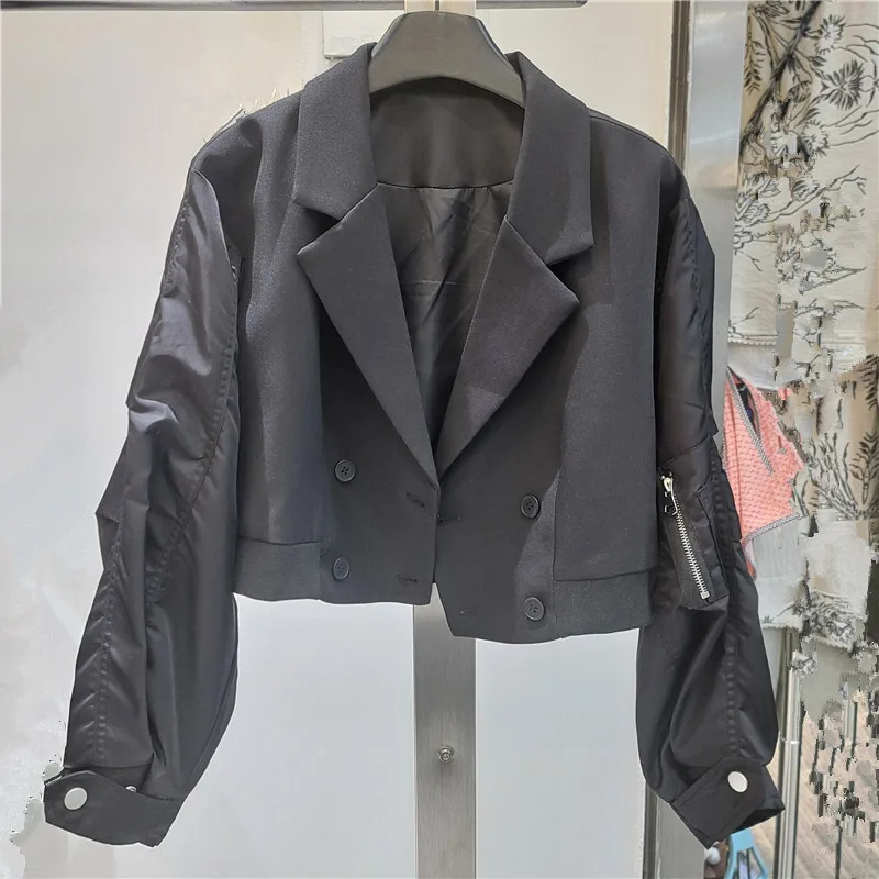 HKSH 秋の新女性トレンディなショートコートダブルブレストスプライシングコントラストカラーヴィンテージエレガントなファッションハイストリートブレザー HK9637