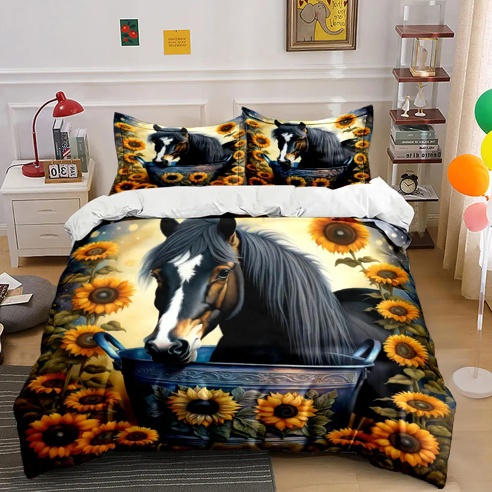 Black horse sunflowers Farm theme Pattern Duvet Cover Set Digital Print Colorful Polyester Bedding with Zipper Closur for gifts