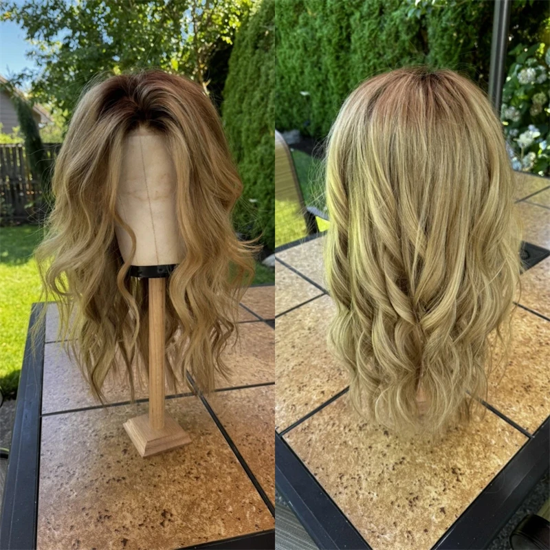 Ombre Ash Blonde Balayage Luxury Synthetic Lace Front Wig Party Cosplay Daily Wigs Natural Preplucked Hairline with Dark Roots