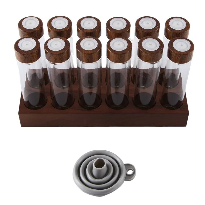 

Premium 12PCS Coffee Bean Storage Tubes Coffee Bean Cellar Wooden Display Stand And Funnel Espresso Accessories