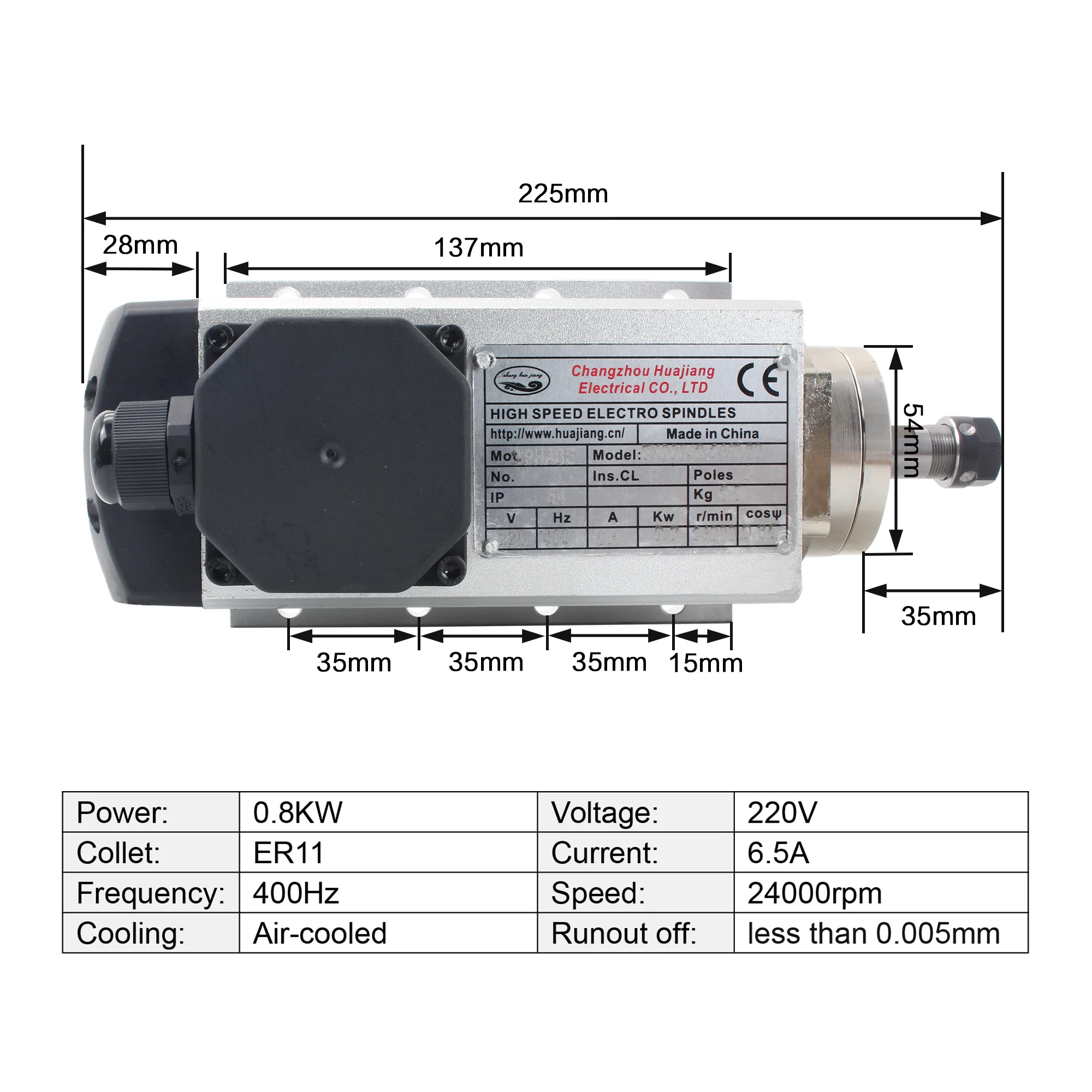 【CN/EU Stock】0.8KW 800W Huajiang Square Air cooled Spindle Motor ER11 6.5A 24000rpm 400Hz 220V 2Pole with Matched Inverter