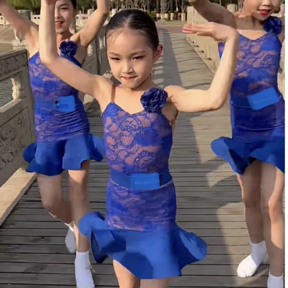 

Blue ballroom latin Lace dress girls american dance rumba cha cha samba tango costume competition practice wear kids Top Skirt
