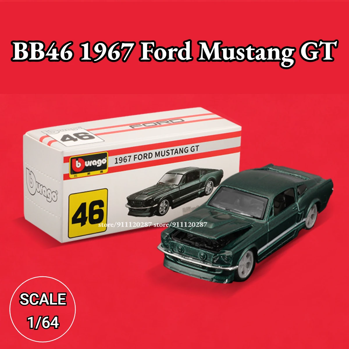 Bburago 1:64 Mini Car Model, BB46 1967 Ford Mustang GT Scale Metal Diecast Miniature Art Replica Vehicle Collection Toy