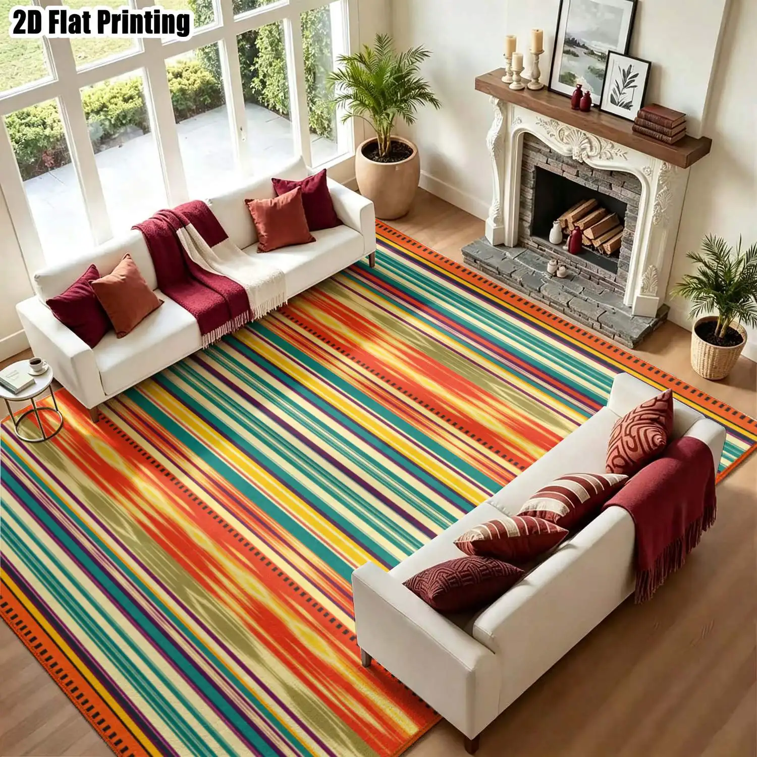 1Pc 2D Printed Colorful Geometric Stripe Pattern Nordic/Vintage/Bohemian Carpet: Multi-Size, Machine Washable, Ideal for Home Decoration, Entrance/Dining Room/Foyer/Bedroom/Living Room