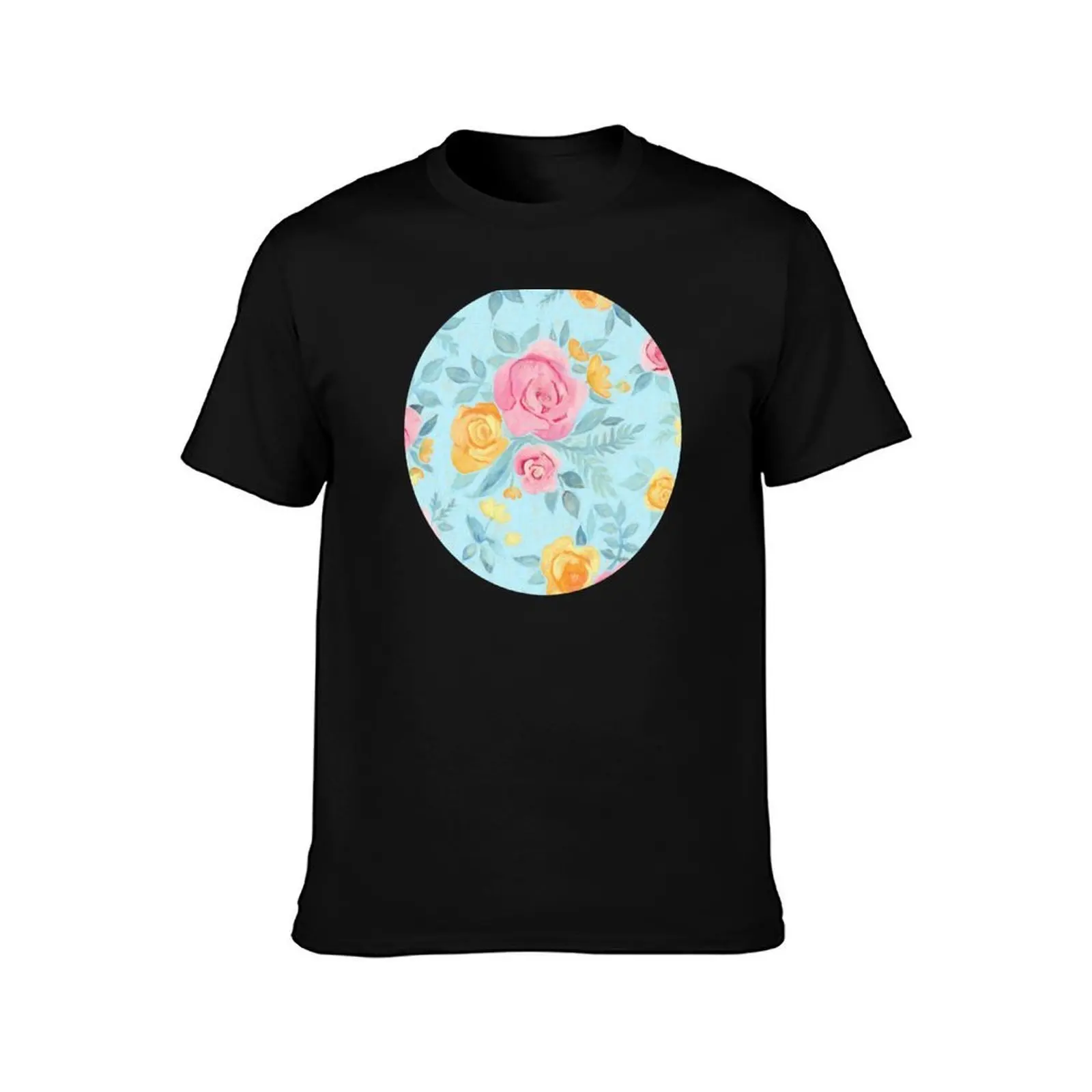 Chalk Pastel Pink & Orange Roses on Sky Blue T-Shirt, Summer Casual Cotton Tee, Oversized Streetwear Tops, Vintage Graphic Print