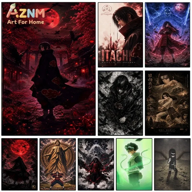 Naruto Canvas Wall Art Itachi Red Moon Scene Anime Print Akatsuki Ninja Character Collage For Teen Boys Bedroom Gaming Unframed