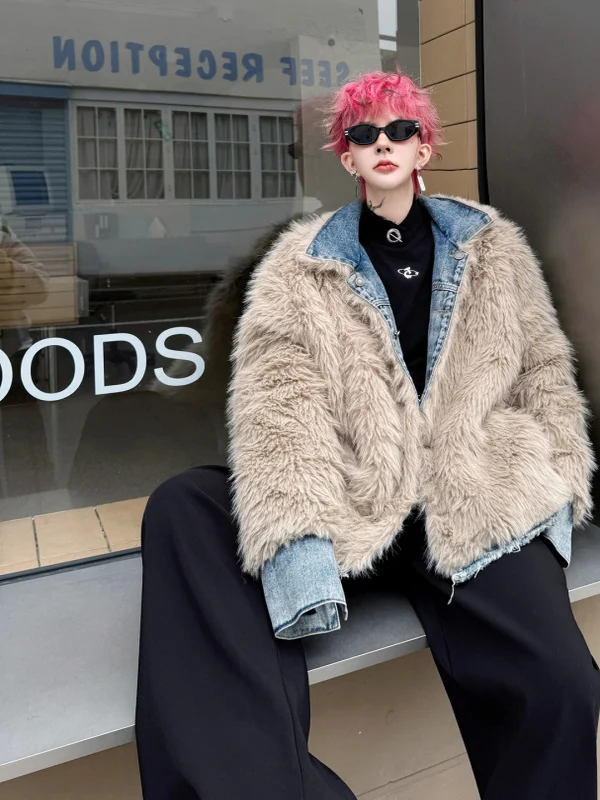 

Winter Thiened Faux Fur Collar Denim Jaet Youth Casual Warm Long Sve Button Closure Pure Color Cleanfit Sle Men's Coat