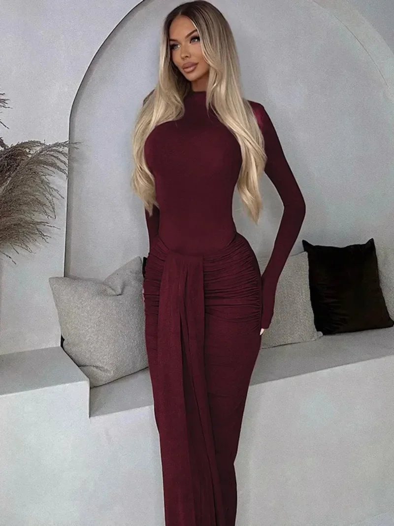 Women\'s Elegant Two Pieces Skirt Sets Long Sleeve Bodysuits and Bandage Long Maxi Dresses Suit High Street Party Festival Outfit