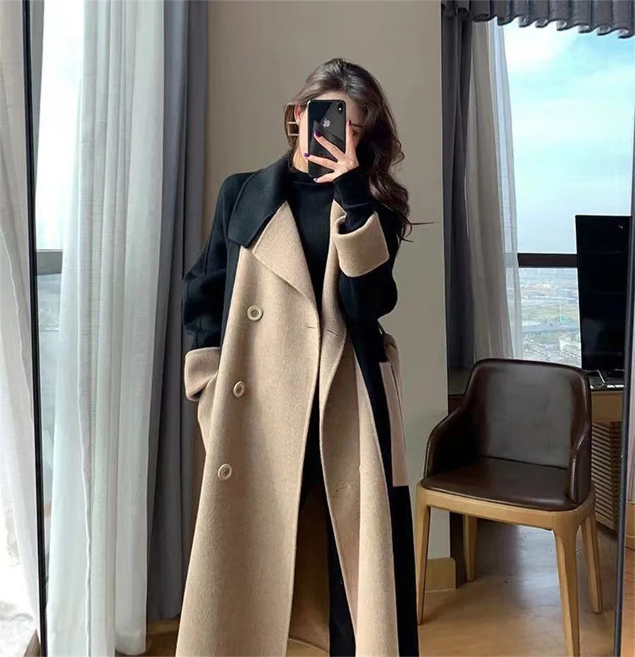 Oversize 7XL Luxury Wool Blend Coat Design Patchwork Long Winter Overcoat Women High Street Belt Abrigo Loose Thick Warm Jacket