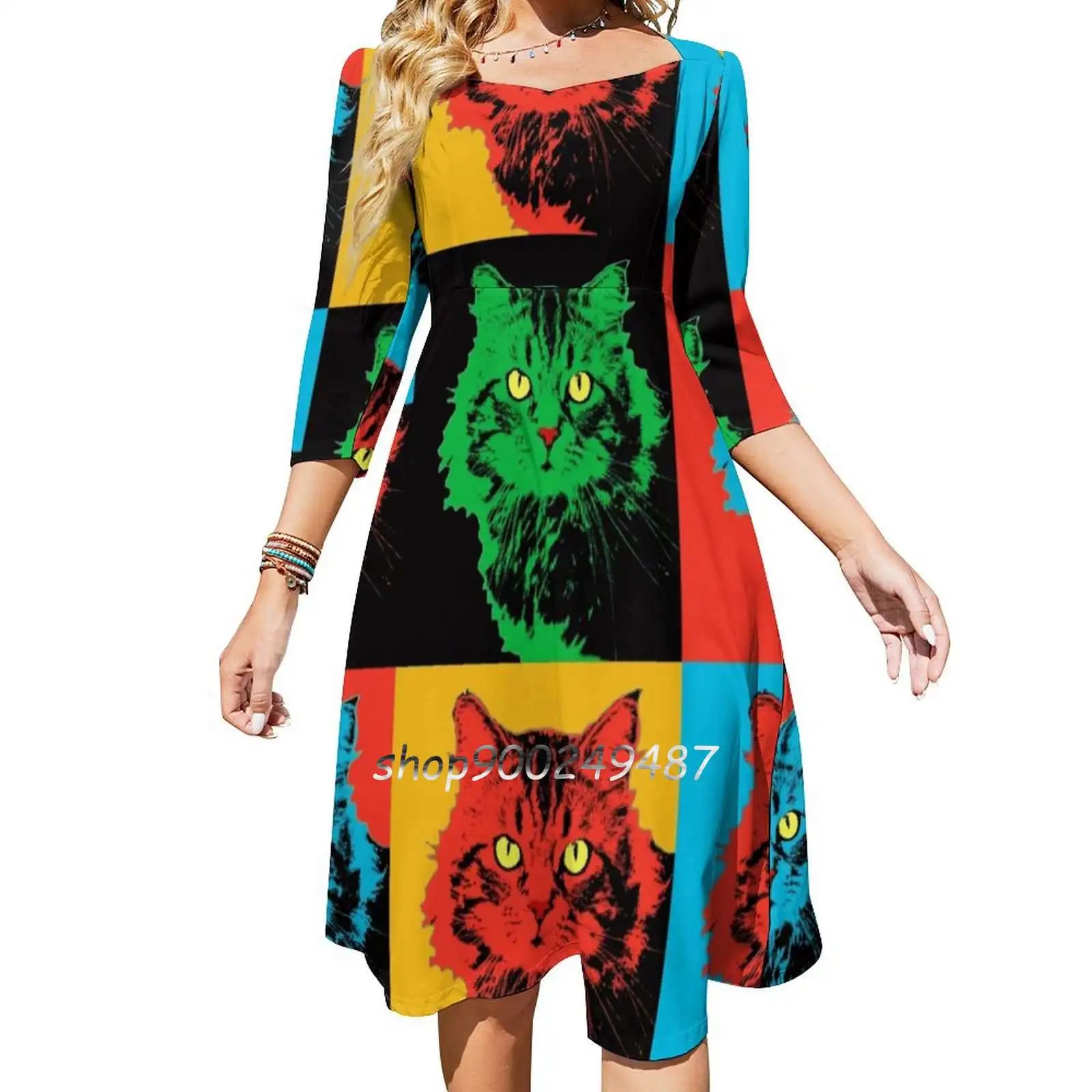 Cat Pop Art 4 Sweetheart Knot Flared Dress Fashion Design Large Size Loose Dress Blue Black Orange Red Cat Pop Nywa Project New