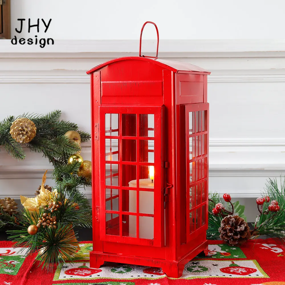 Vintage Table Lamp Candle Holder Lantern Red Telephone Booth Shaped Lantern with LED Candle for Living Room Party Home Decor