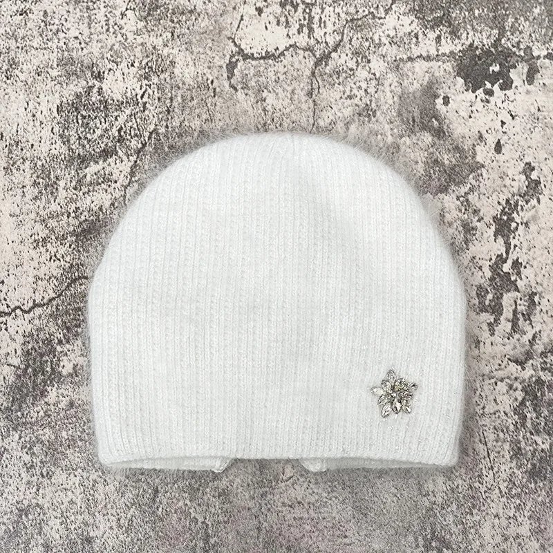 2023 neue Luxus Strass Beanie Hüte Frauen Winter Mode Warme Echt Kaninchen Fell Stricken Hüte Erwachsene Ohr Schutz Abdeckung Kopf kappe – Detail 24
