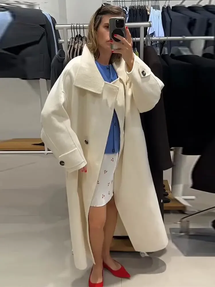 Manteau Long à col montant pour femme, élégant, rétro, Chic, ample, simple boutonnage, manteaux en Tweed blanc, pardessus de rue décontracté, hiver 2025