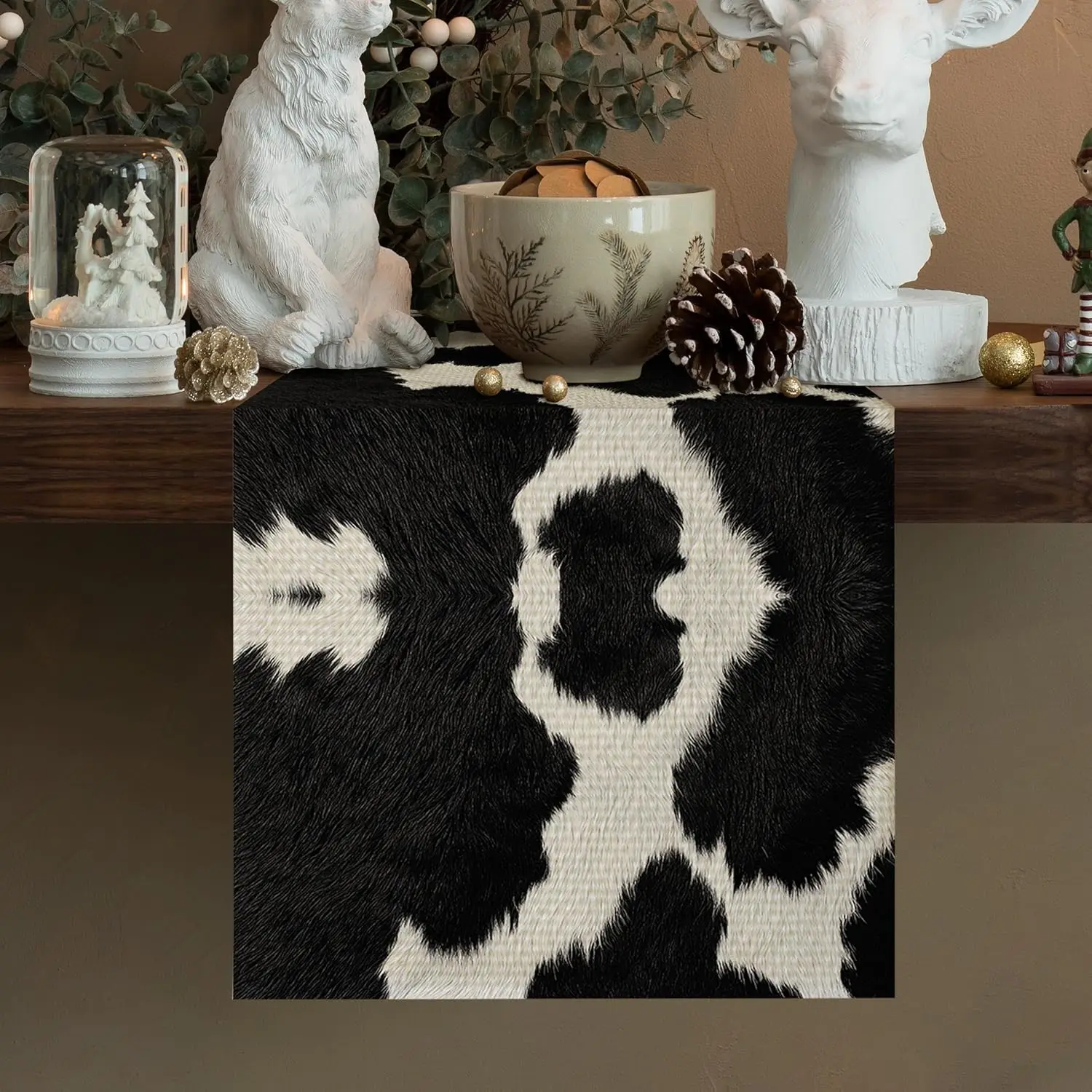 Cow Print Black Table Runner - Rustic Animal Texture Decorative Table Cover for Kitchen Dining Indoor Outdoor Party