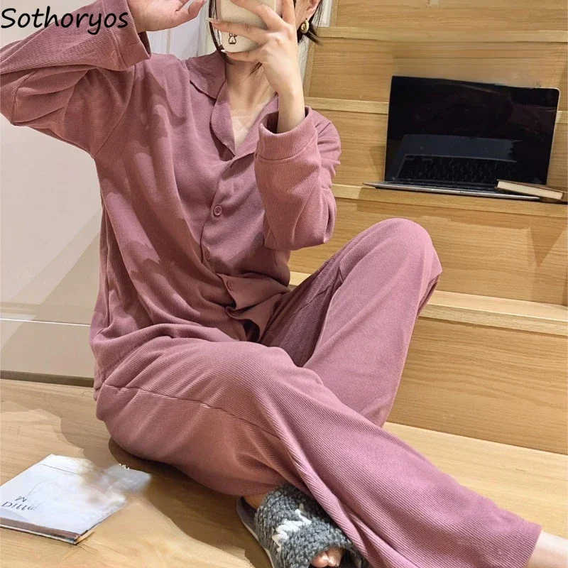 Pajama Sets Women Loose Warm Sleepwear Simple All-match Soft Casual Korean Fashion Autumn Winter Chic Padded 6 Colors Loungewear