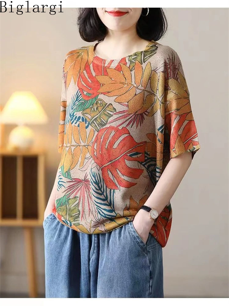 Oversized Summer New Vintage Cotton Linen Loose Woman Print Tshirt Korea Ladies Womens Casual Big Size Pullover Knitted Tops