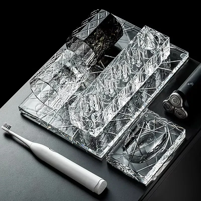 Crystal acrylic bathroom storage box set, multi-compartment storage toothbrush and electric razor, perfect for dressers