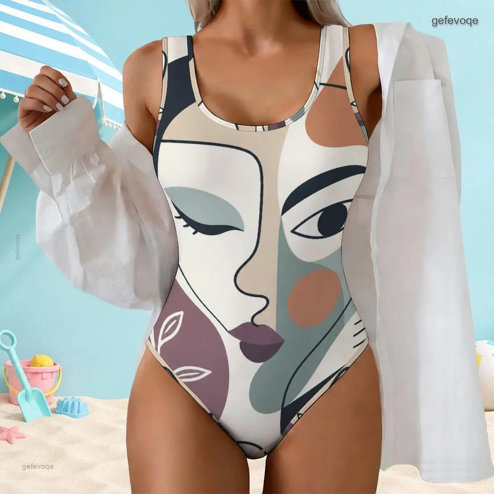 Women Abstract Face Print Sleeveless Scoop Neck Wide Strap High Cut One Piece Swimsuit