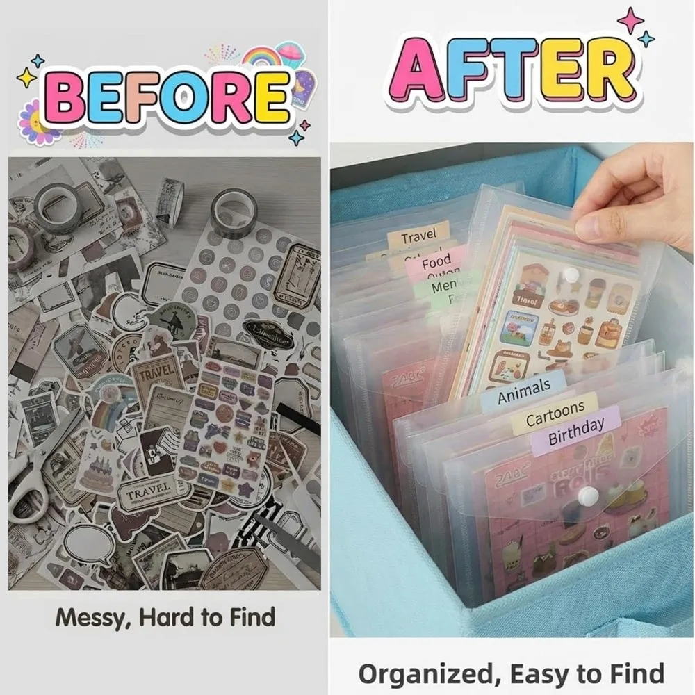 12PCS Waterproof Clear Sticker Organizer 4 Size Envelopes with Snap Scrapbook Stamp Storage Bag Plastic Photo Storage Folders