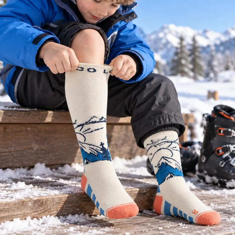 Kids Woolen Ski Socks Winter Warm Thermal Socks Elastic Thick Hiking Skiing Snowboarding Socks for Child Boys Girls Years 9-13