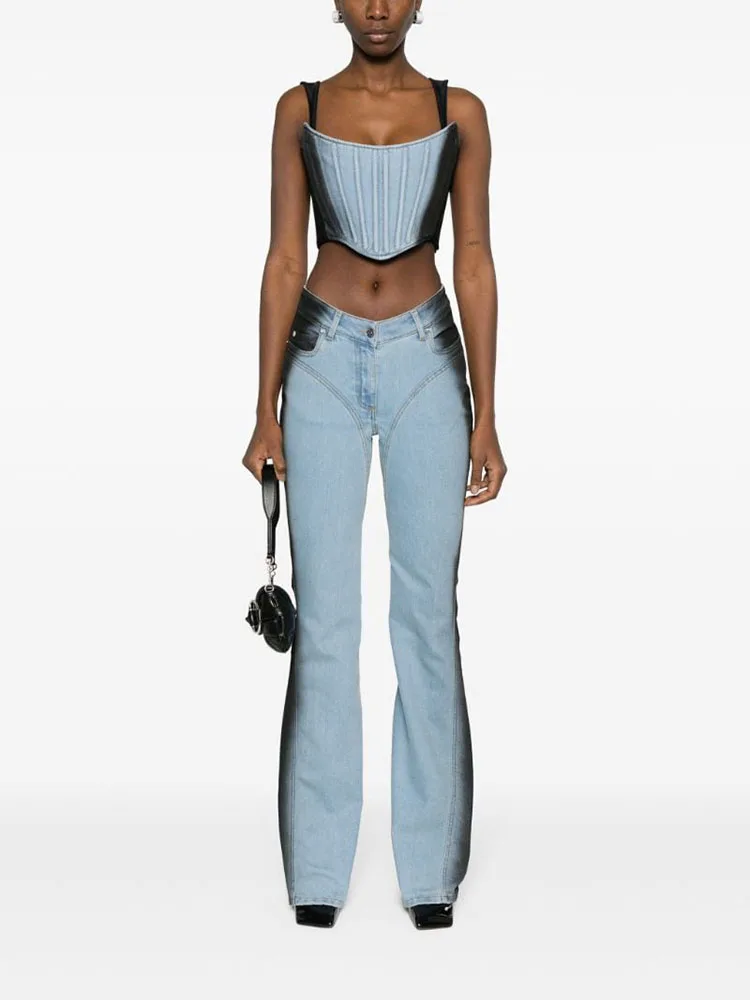 

y2k spring and summer color clashing spray dye micro flare pants cotton women's jeans2024 high waist straight large femme pants