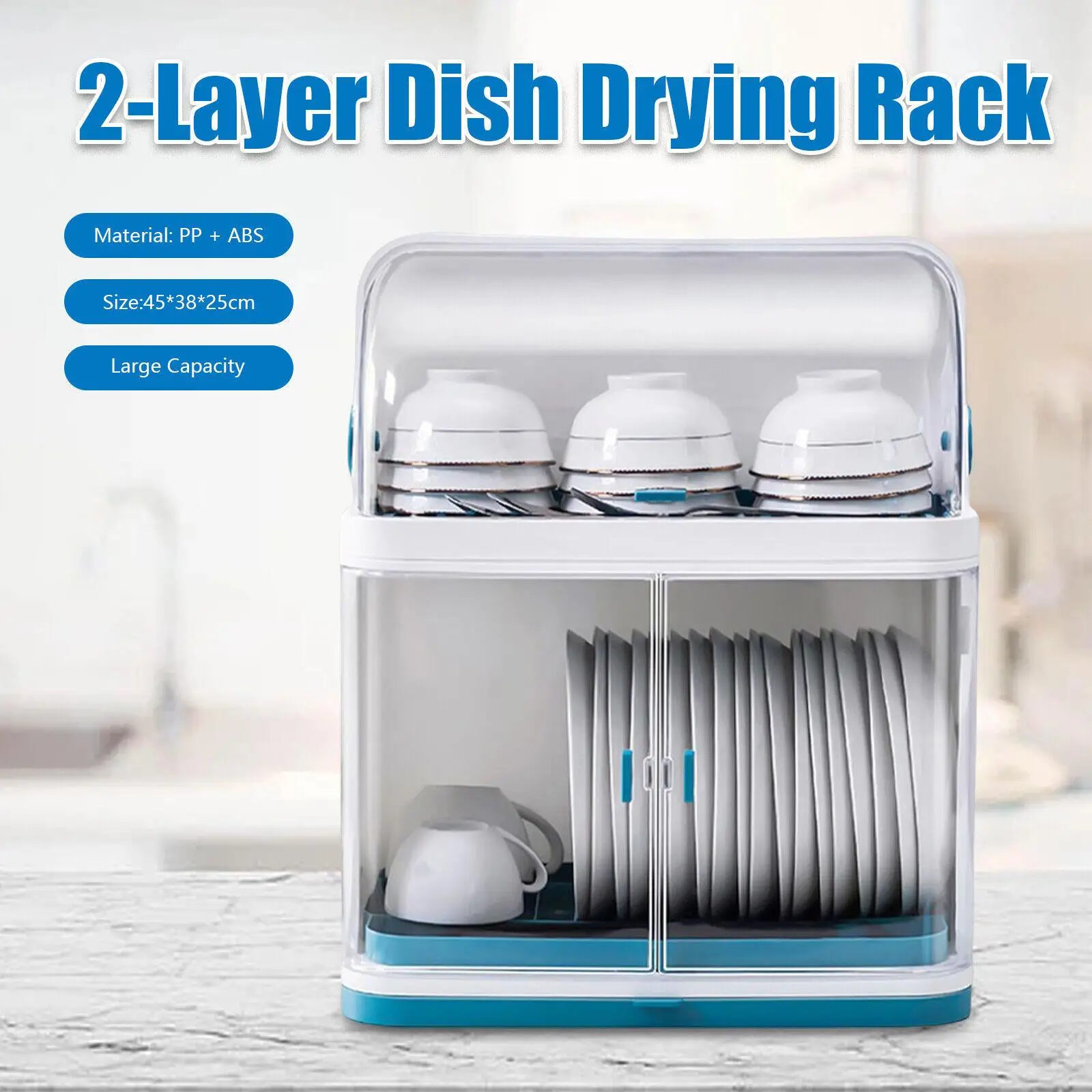 

Dish Drying Rack 2-Tier Kitchen Shelf Cutlery Drain Board W/Lid Cover PP+ABS