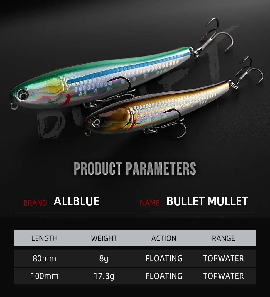 ALLBLUE BULLET MULLET 80mm/100mm Topwater Pencil Surface Walker Schwimmender Angelköder Walk The Dog Salzwasser Bass Hard Bait – Detail 2