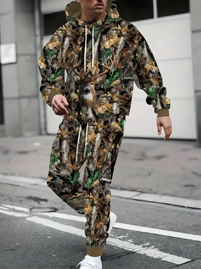 Men\'s Camouflage Hunting Hoodie Pants Outfits 3D Print Hooded Sweatshirt Sweatpants Set For Fall/Winter Oversized Men\'s Clothing