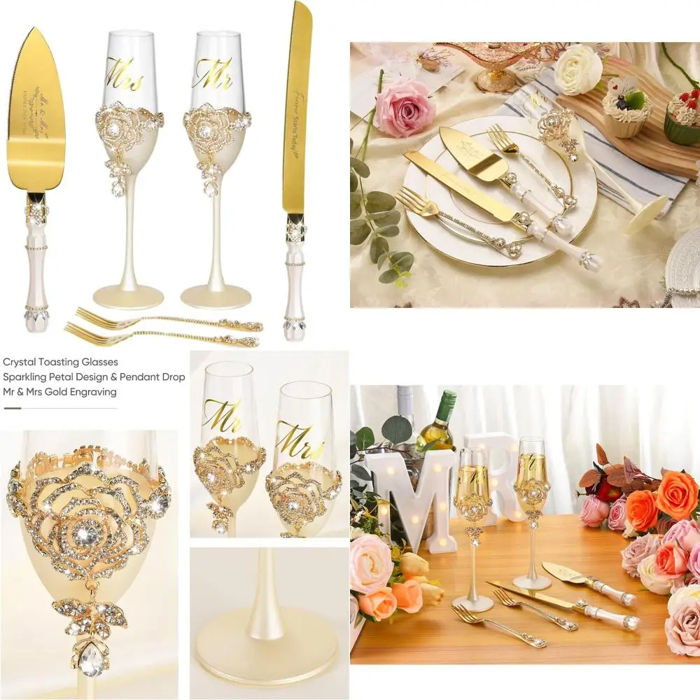 

Elegant Wedding Cake Knife and Server Set, Handcrafted Champagne Flutes with Crystal Rose and Pendant, Cake Cutting Set, Bride a