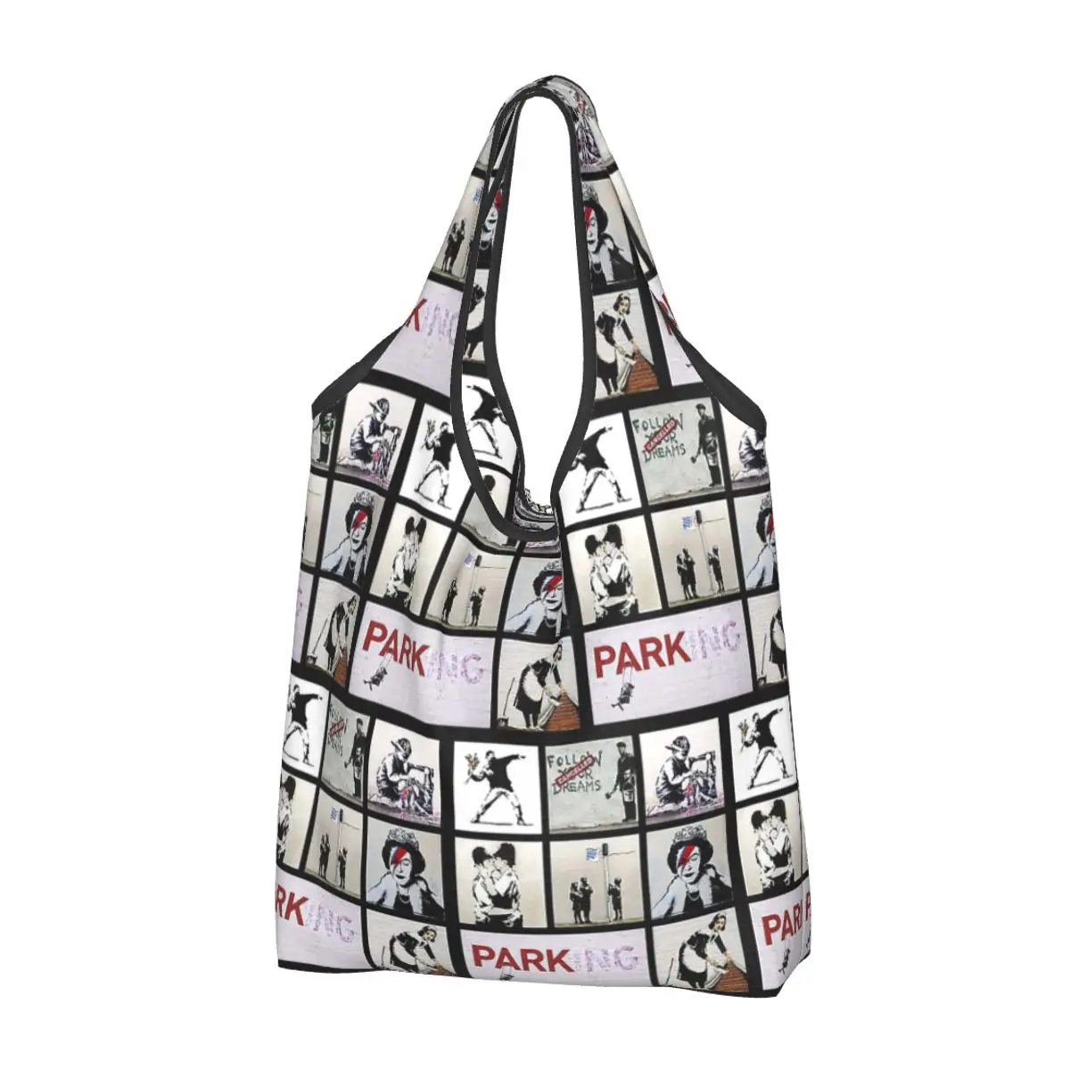 Banksy 몽타주 휴대용 토트 쇼핑백, 접이식 쇼핑백, 식료품 핸드백 숄더백