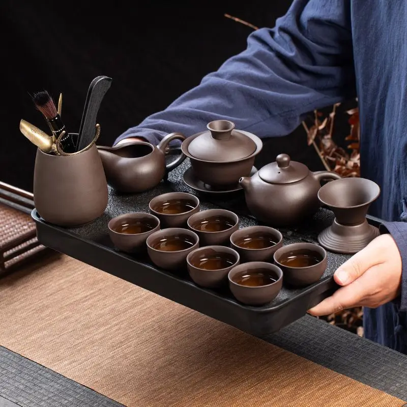 

Complete Set of Purple Clay Kung Fu Tea Set for Home Tea Brewing, Tea Tray, Office Reception, Light Luxury Ceramic Teapot and Te