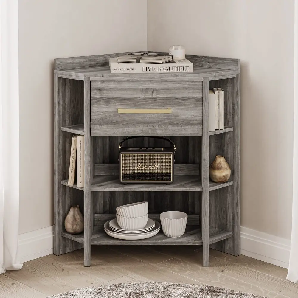 

Corner Cabinet with UltraFast USB Type A C Outlet, Corner Table with 1 Storage Drawer and 8 Shelves, Store and Organize Home Fu