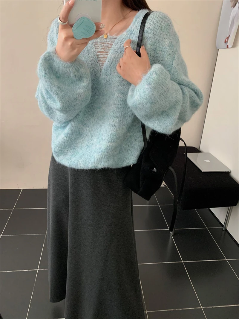 

RAIN YAN LIN Spring Autumn New Pure Color Elegant Knitted Pullover Women V-Neck Long Sleeve Versatile Sweater Casual Tops