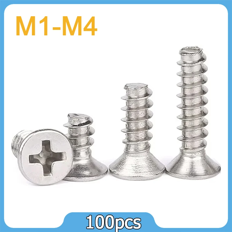 100cs/ Lot Cross Recessed Countersunk Head Self-tapping Screws 304 Stainless Steel M1.7 M2 M2.6 M3 M4 Flat Cap Phillips Screw