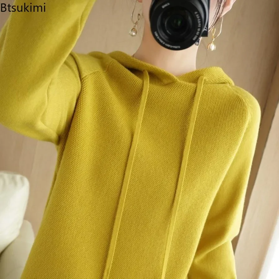 2026 Women's Knit Long Sleeved Hoodies Autumn Solid Loose Casual Sweaters Fashion All Match Hooded Tops Women Knitwear Pullovers