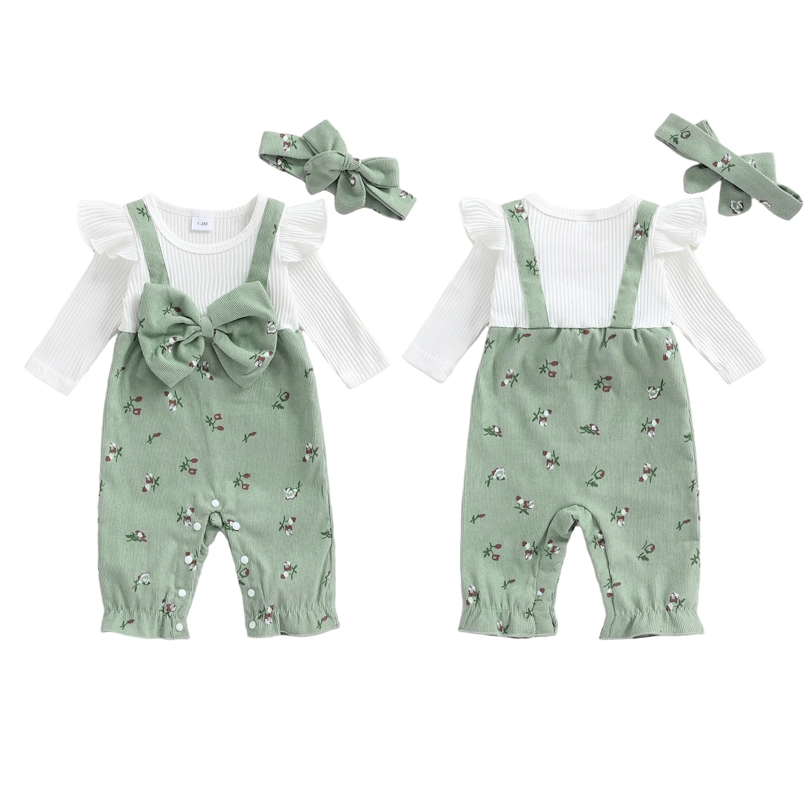 2026 ربيع جديد فتيات صغيرات يتدربن على المشي كم طويل رومبير الأزهار طباعة وهمية قطعتين المرقعة القوس حللا ومجموعة عصابات رأس لطيف #3