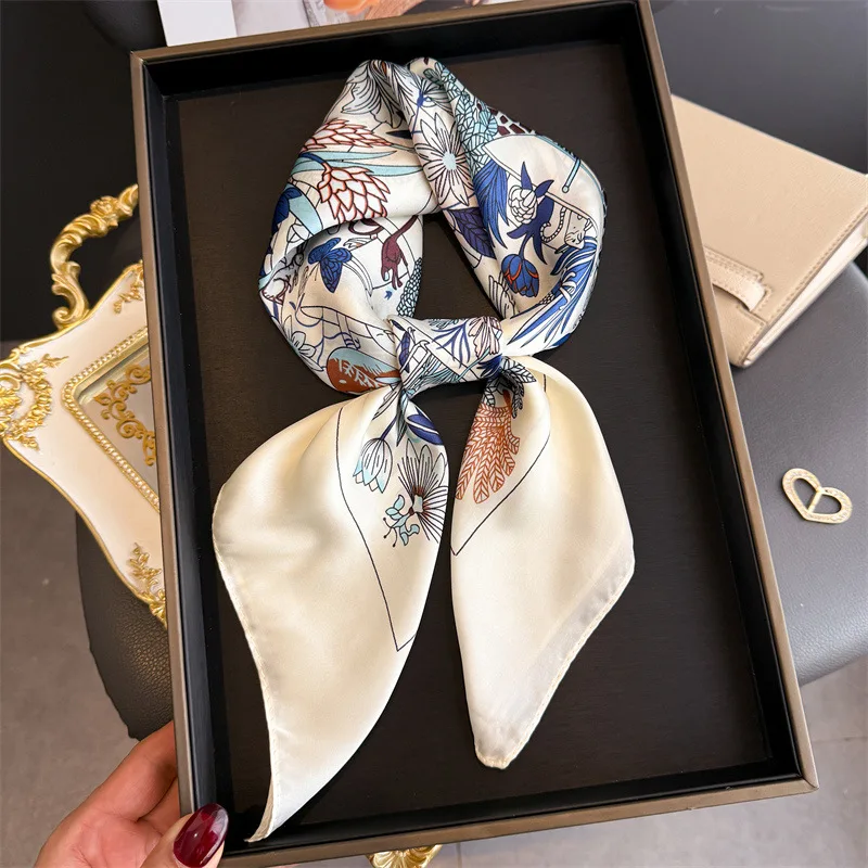

Luxury Floral Silk Scarf Female Square Satin Bandana Hijabs Head Wraps for Women Foulard Shawl Female Neckerchief Summer 70cm