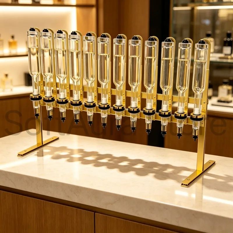 Manual Liquid Filling Dispenser Kit 12‑Bottle 375ml/500ml Stand with Adjustable Pumps & Testing Cups for Fragrance Bar