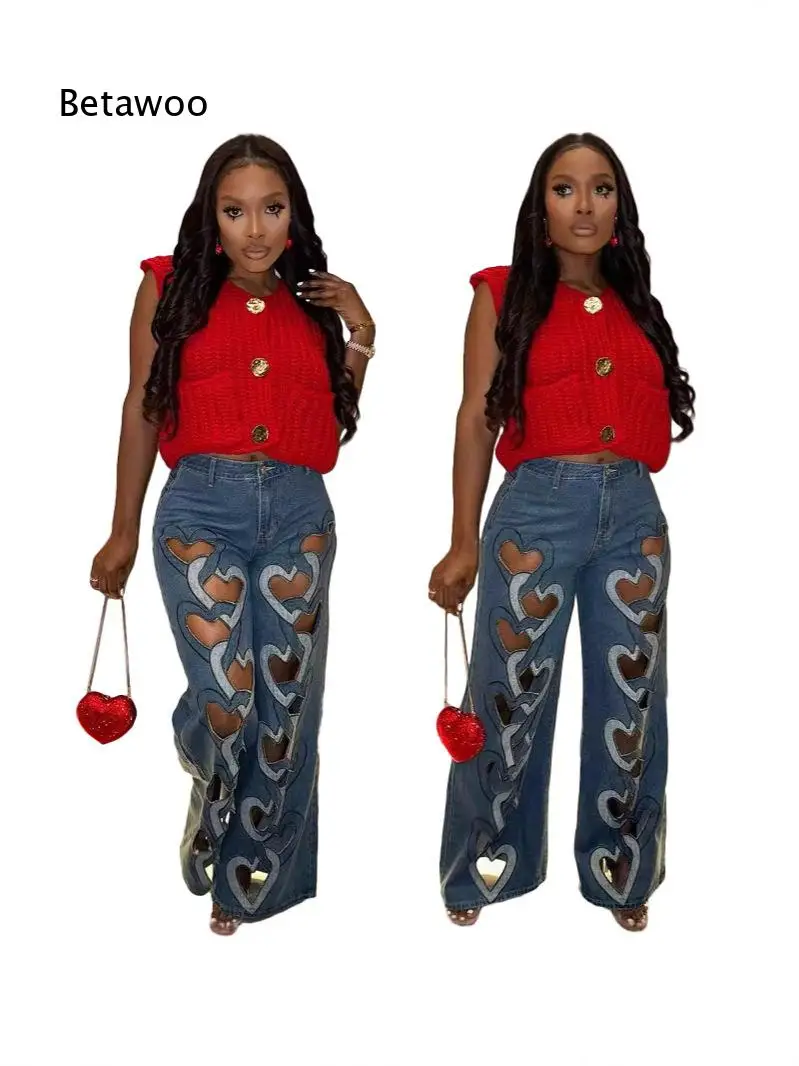 Women Stretch Denim Pants Hollow Out Embroidery Heart Pattern Straight Long Trousers Fashion Garment For Daily Wear Street Look