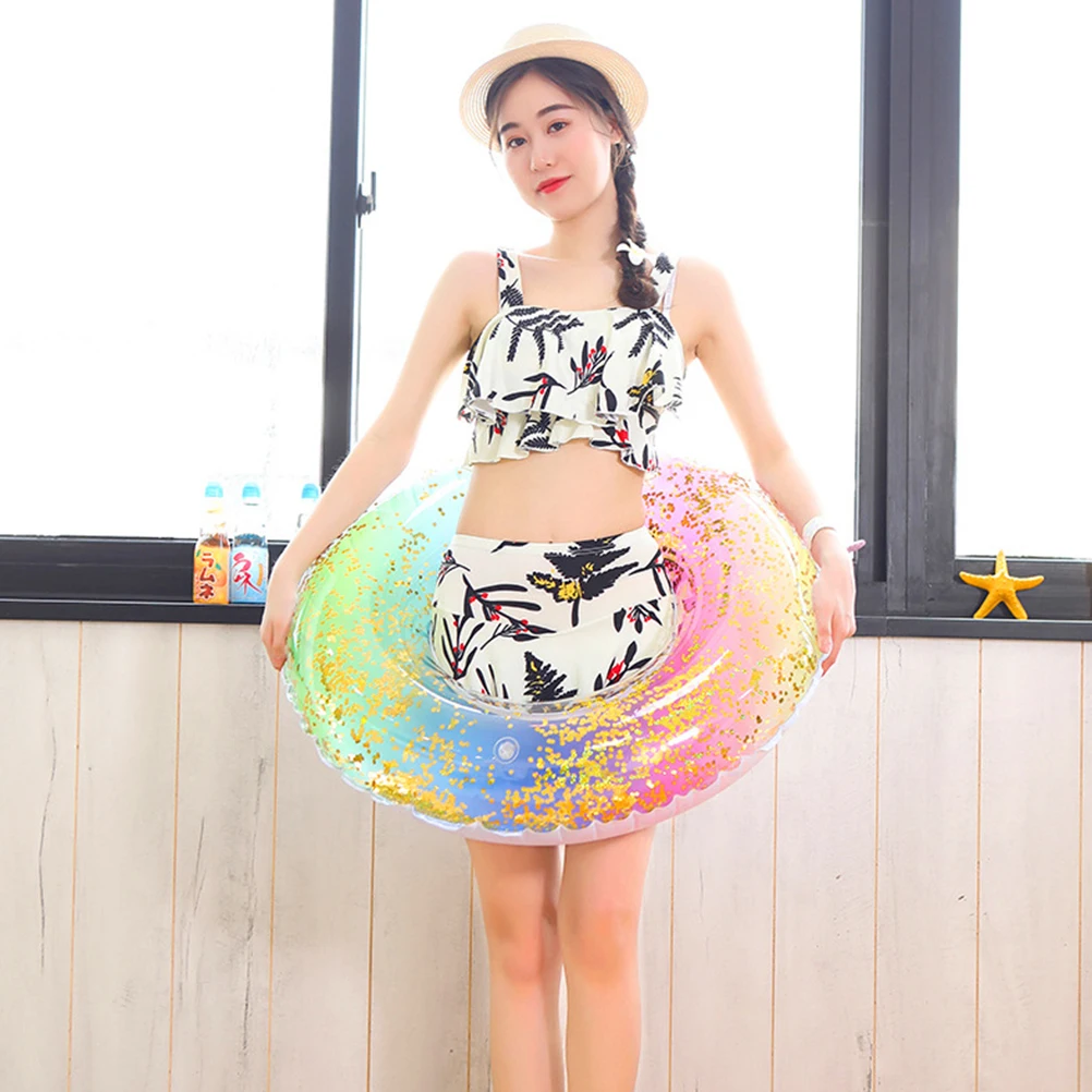 

1pc PVC Rainbow Color Swimming Ring Gradient Color Sequins Semitransparent Swimming Ring Without Air Inflation Tool for Adults (