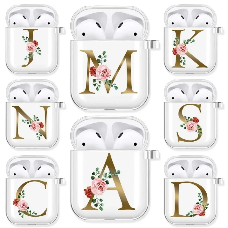 

Rose Gold Alphabet Letter Clear Earphone Case For Apple AirPods 4 3rd 2 Pro2 Transparent Cover For Airpod 1 3 Protective Fundas