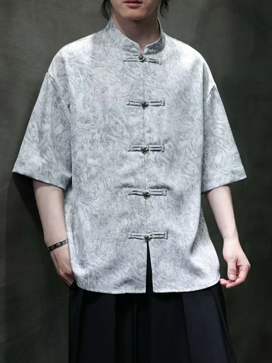 

Новая мужская летняя рубашка из ледяного шелка в китайском стиле Ханьфу с воротником-стойкой на пуговицах, с принтом гор и воды, повседневная, больших размеров