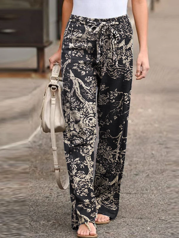 

High Waist Cotton Linen Casual Pants Women's Spring Autumn Wide Leg Drawstring Loose Fit Straight Cut Trousers