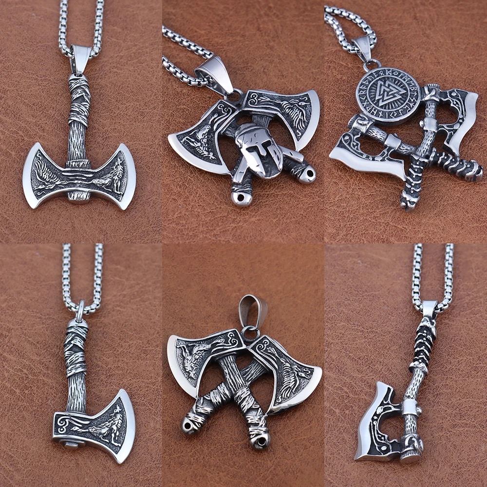 Various Norse Vikings Wolf Axe Pendant Popular Stainless Steel Animal Chain Crow Axe Necklace Punk Rock Jewelry Gift Wholesale