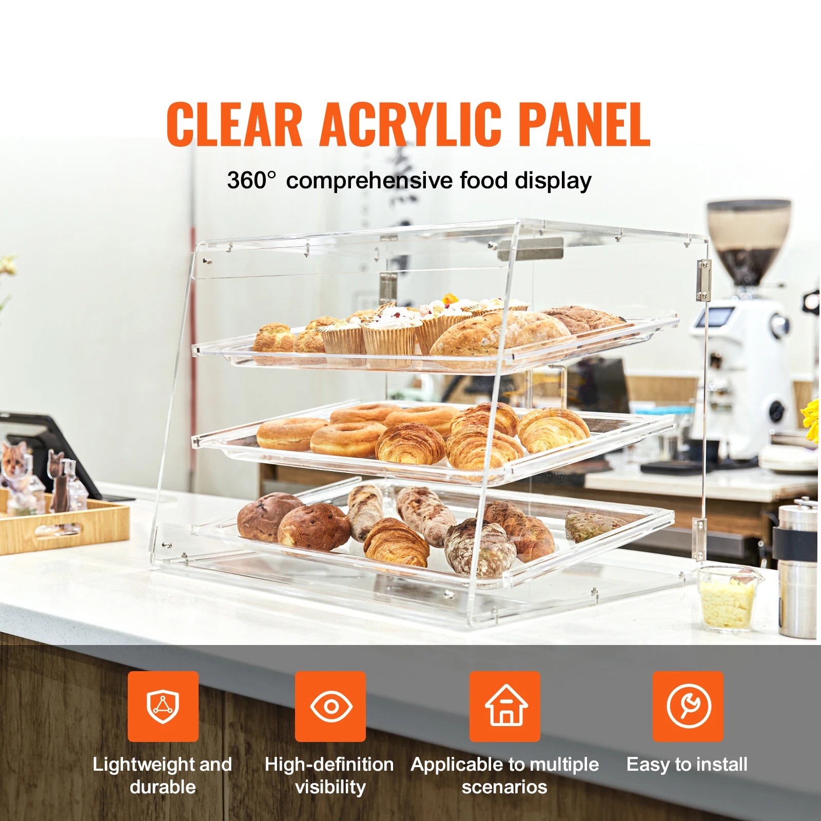 SucceBuy 2/3-Tier Commercial Acrylic Pastry Bakery Display Case with Rear Door Access & Removable Shelves for Donut Bagels Cake