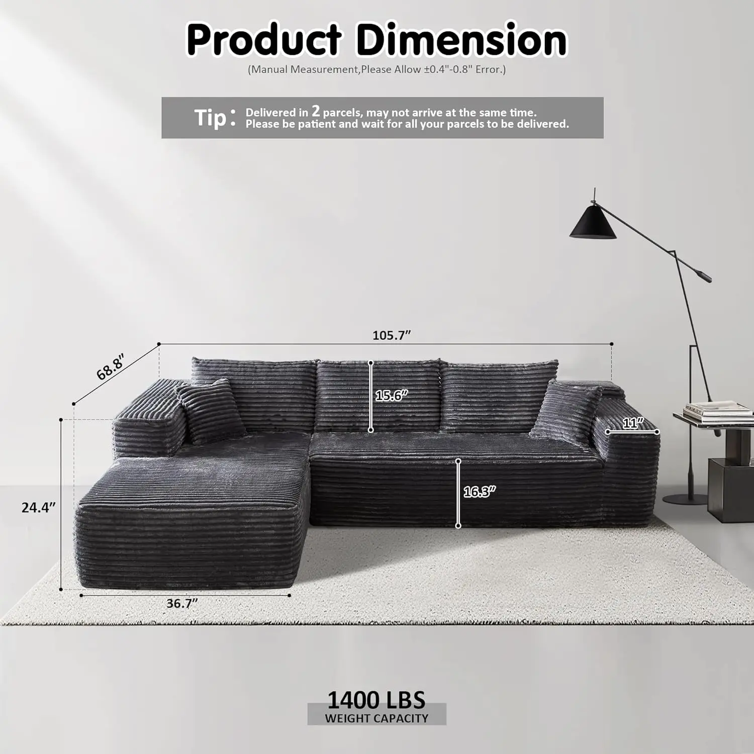 104-Zoll-Cloud-Sofagarnitur mit L-förmiger Chaiselongue, modernes modulares Sofa mit tiefem Sitz, gepolsterte Sofas für Wohnzimmer und Schlafzimmer