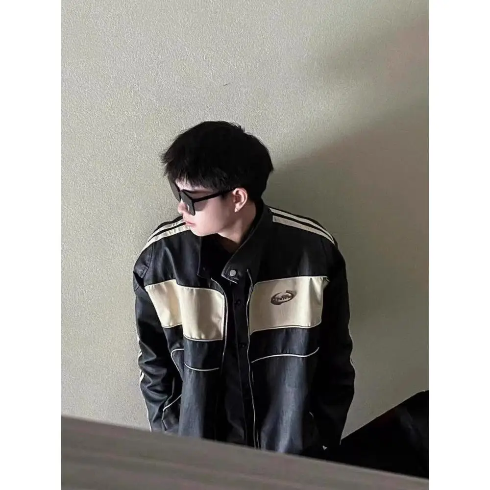 

Кожаный джет в стиле ретро, мужской свободный крой с высоким воротником, контрастного цвета, на молнии, повседневный, из полиэфирного волокна, весенний сезон